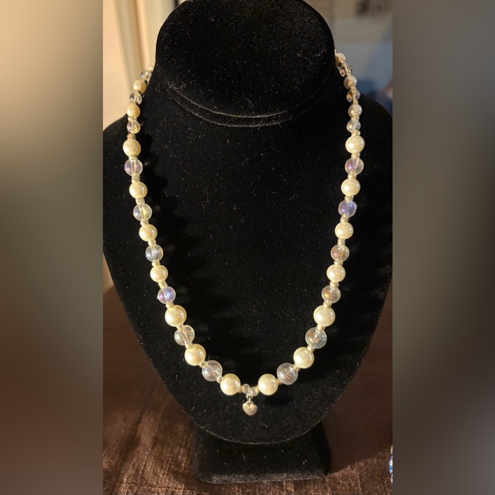 Hand Made Pearl and Crystal Bubble Necklace With Heart Dangle
